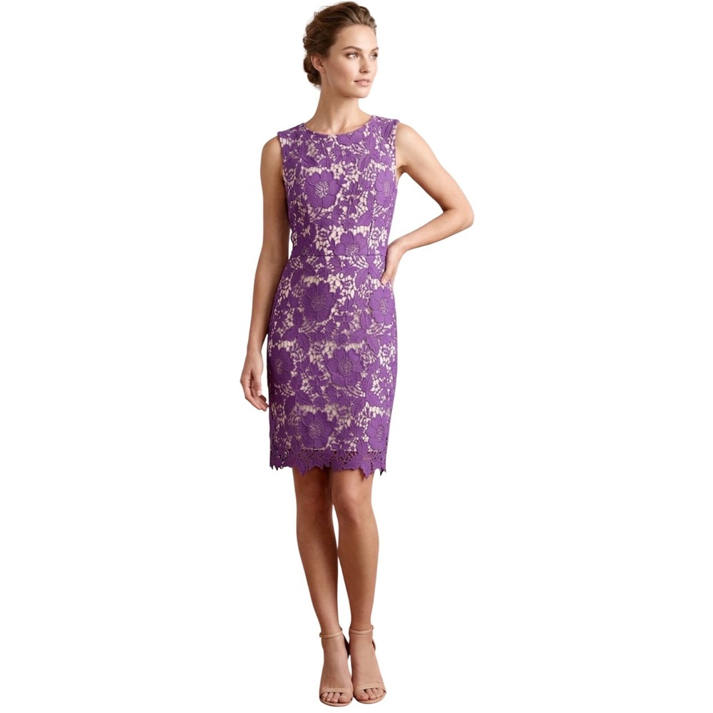 ECI New York Purple Floral Lace Sleeveless‎ Sheath Dress Gold Zip Size 8